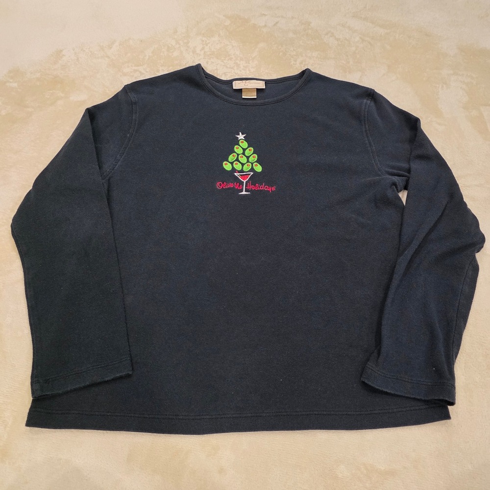 M&C Sportswear Christmas Shirt Womens XL Black Martini Olive Tree Embroidered LS